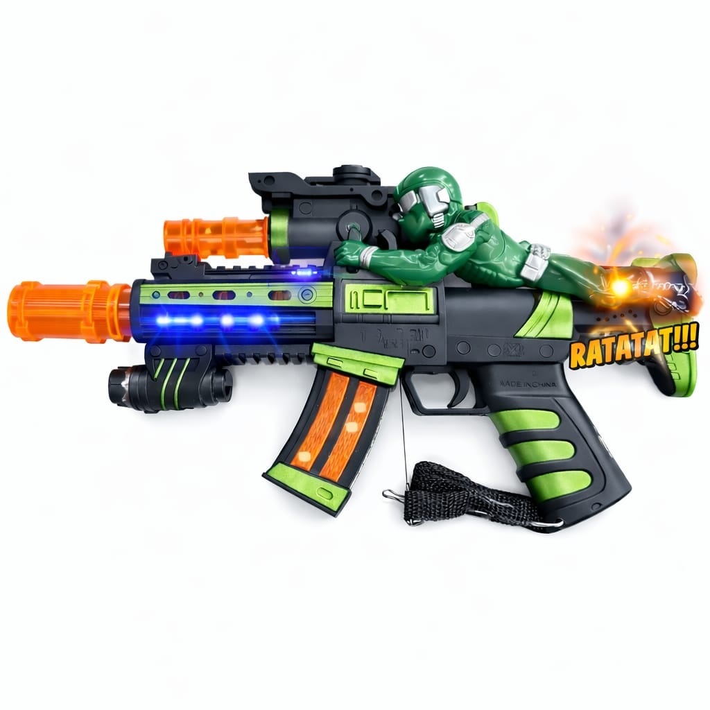 Pusca de jucarie cu figurina soldat, lumini si sunete, model interactiv copii