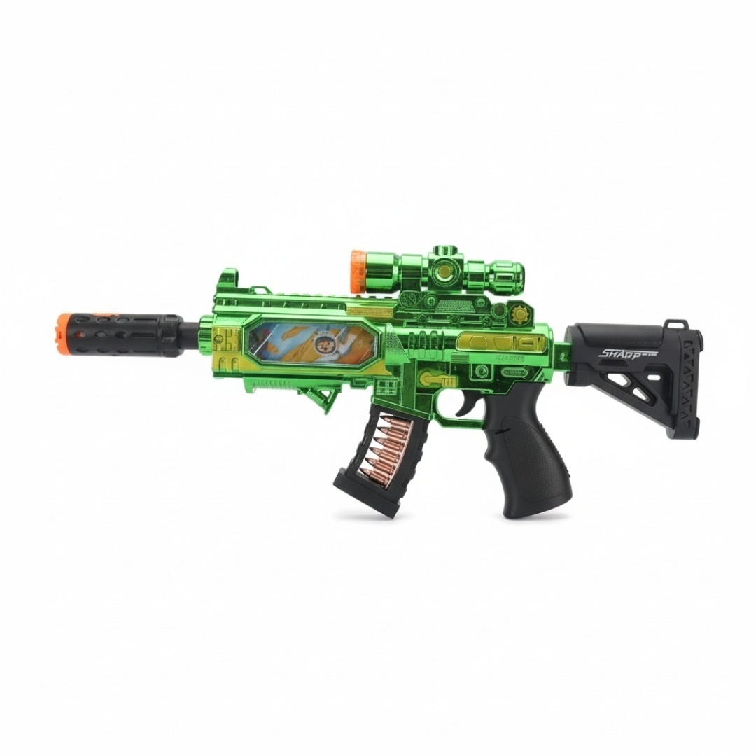 Pusca jucarie electrica, 35.5 cm verde cu luneta, lumini, sunet si efect abur 2