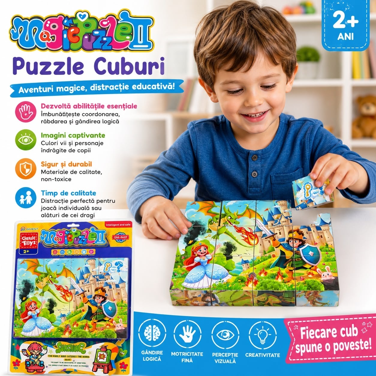 Puzzle Educativ cu Cuburi 40x30 cm – Model Prințesă și Dragon, Jucărie Montessori pentru Copii 2+ Ani 2
