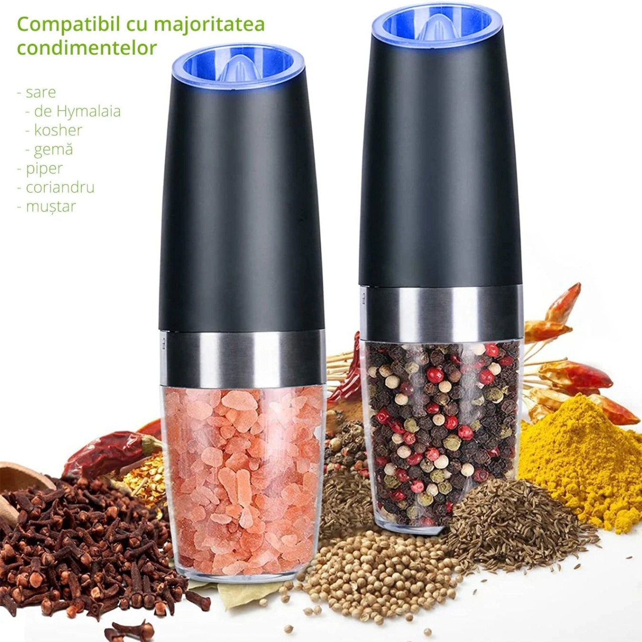 Râșniță electrică pentru sare și piper cu mărunțire reglabilă, alimentare 6 baterii AAA, 20 cm 2