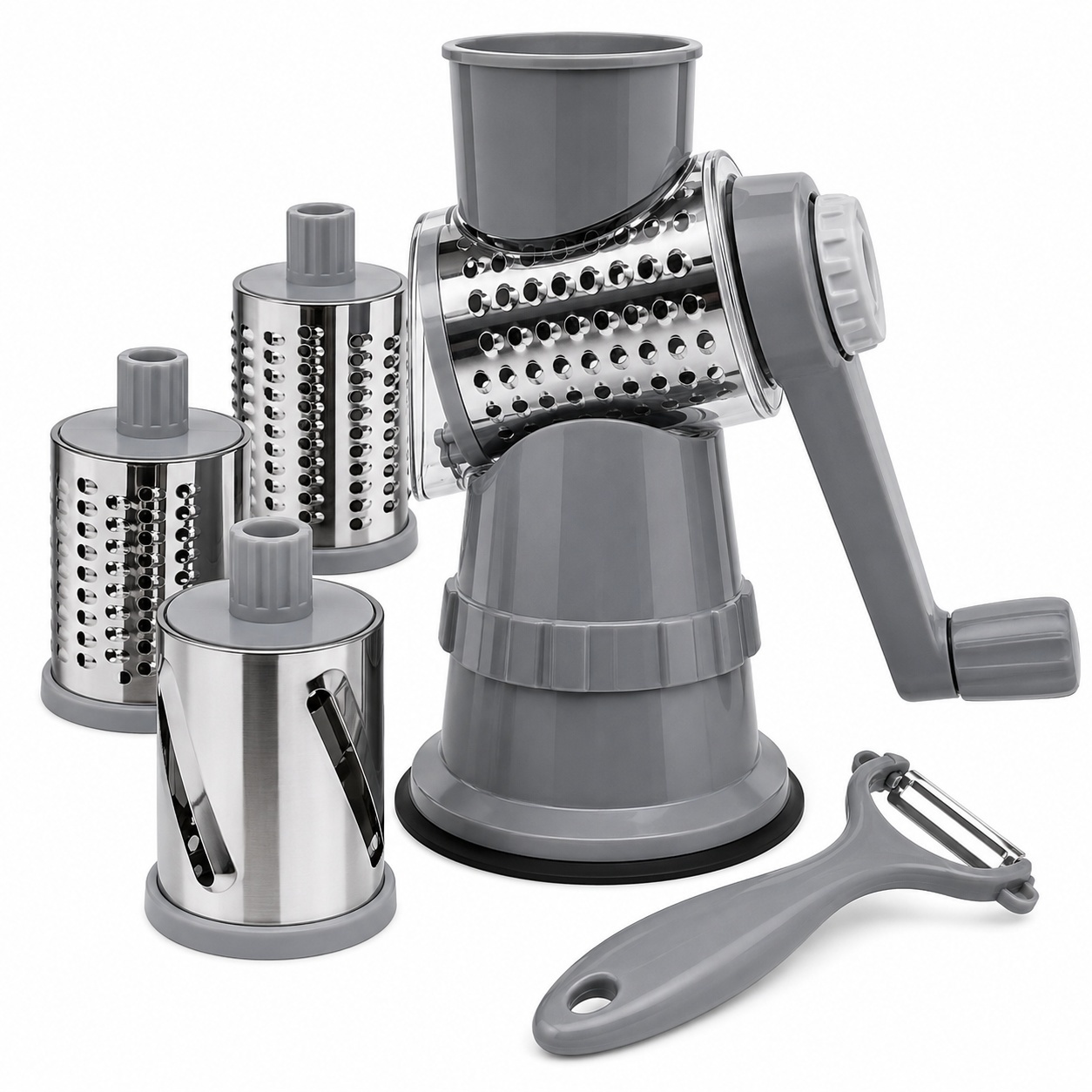 Razatoare manuala multifunctionala 4 in 1 pentru legume si fructe cu tamburi inox gri 2