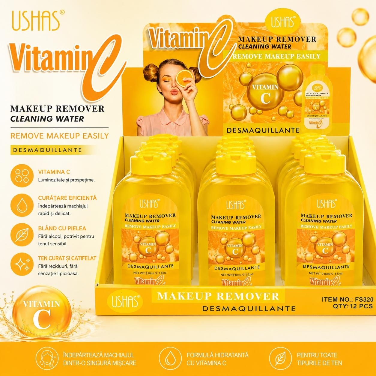 Set 12 Apă Micelară Demachiantă cu Vitamina C USHAS 210 ml – Curățare Delicată și Luminozitate 2