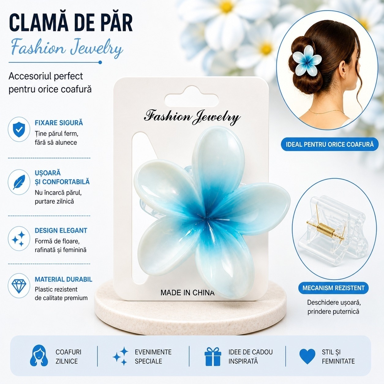 Set 12 Clame Florale Elegante pentru Par, Model Floare, 8 cm, Multicolor 4
