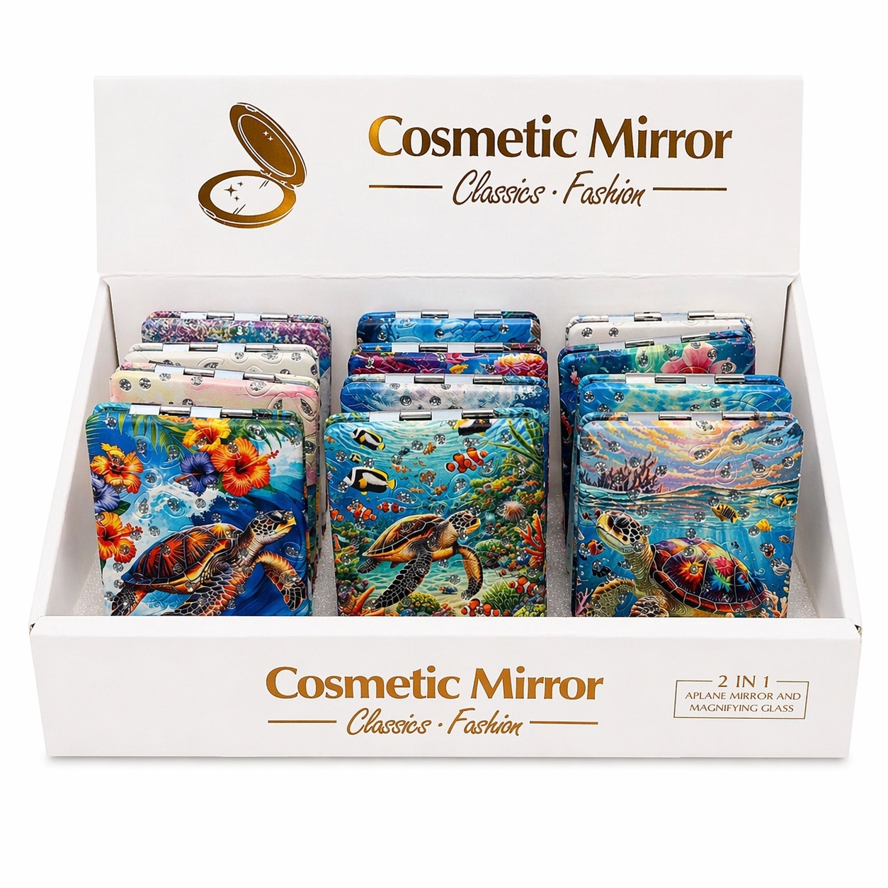 Set 12 oglinzi cosmetice compacte 8.5x6 cm, modele cu testoase marine