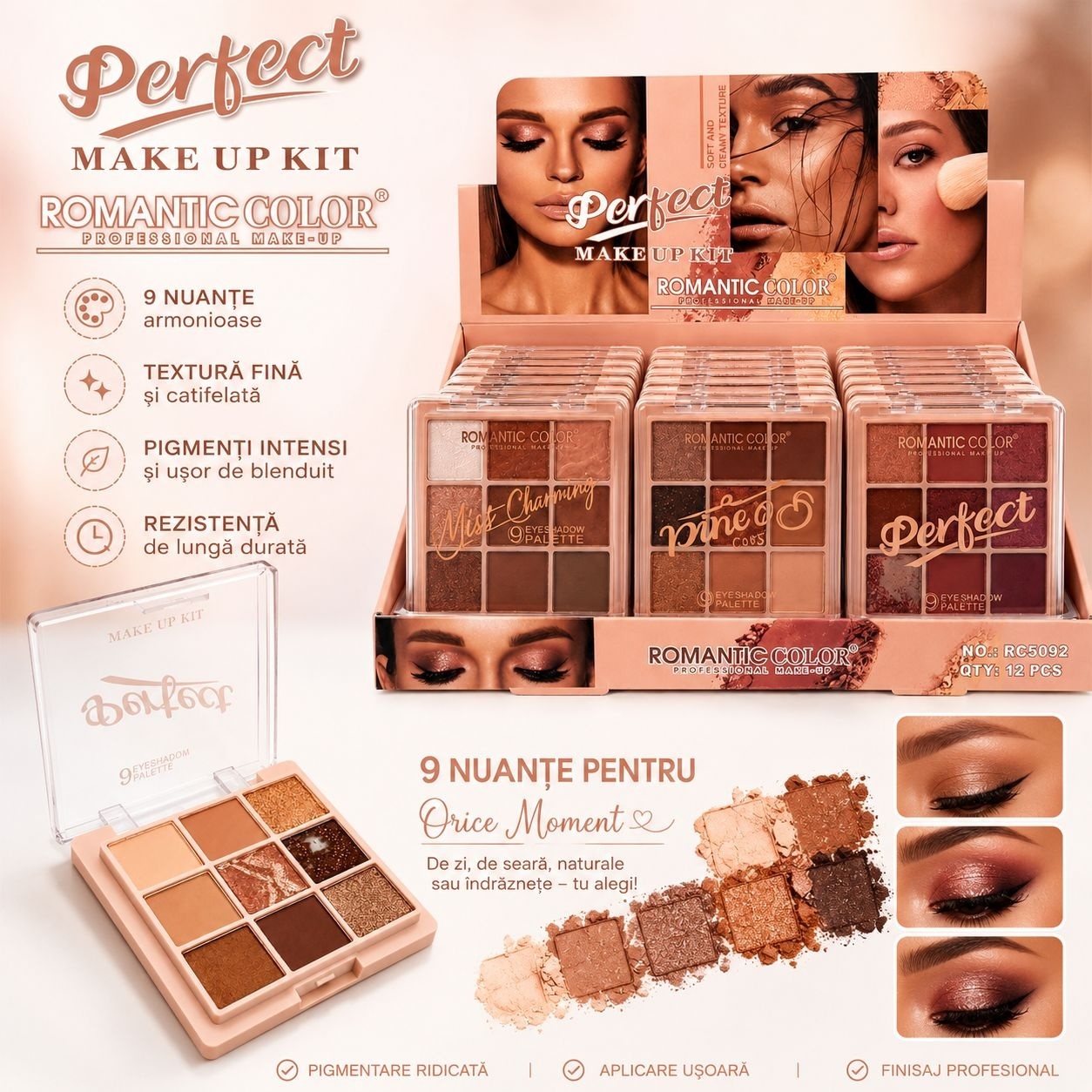 Set 12 Palete Farduri de Pleoape Romantic Color Perfect Make Up Kit – 9 Nuanțe Mate și Sidefate 3