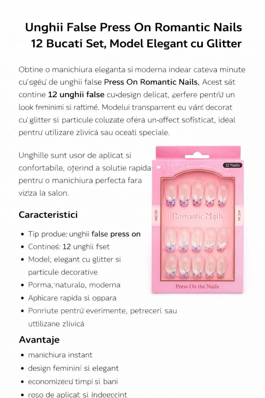 Set 12 perechi unghii false press on cu glitter, model elegant pentru manichiura 2