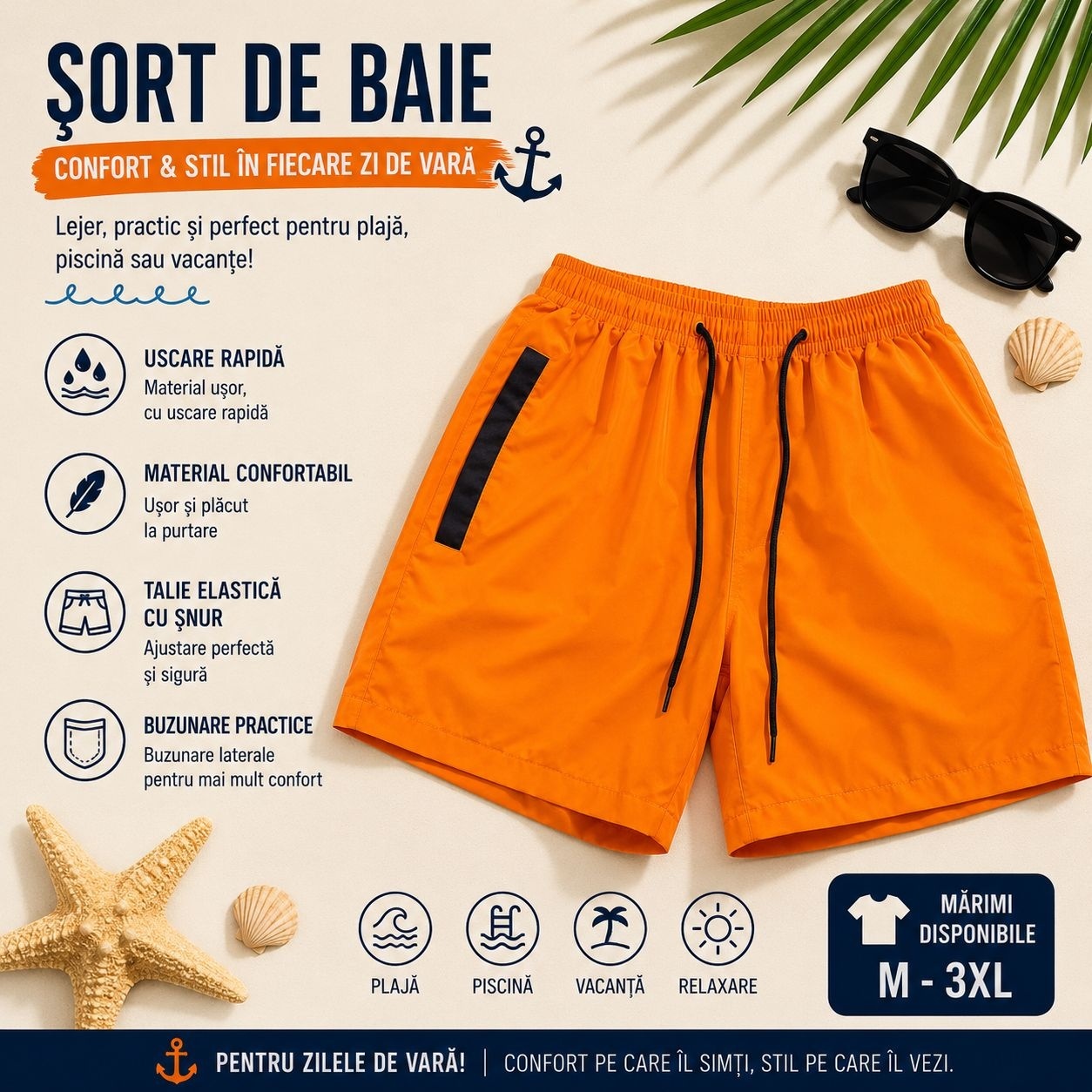 Set 12 Sorturi de Baie Bărbați, Portocalii – Uscare Rapidă, Talie Elastică 2