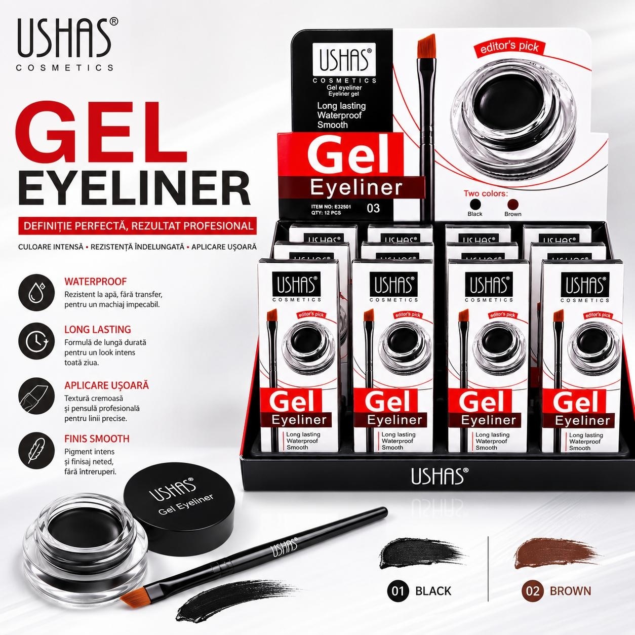 Set 12 Tus de Ochi Gel USHAS cu Pensulă Aplicatoare – Waterproof, Long Lasting, Negru și Maro 2