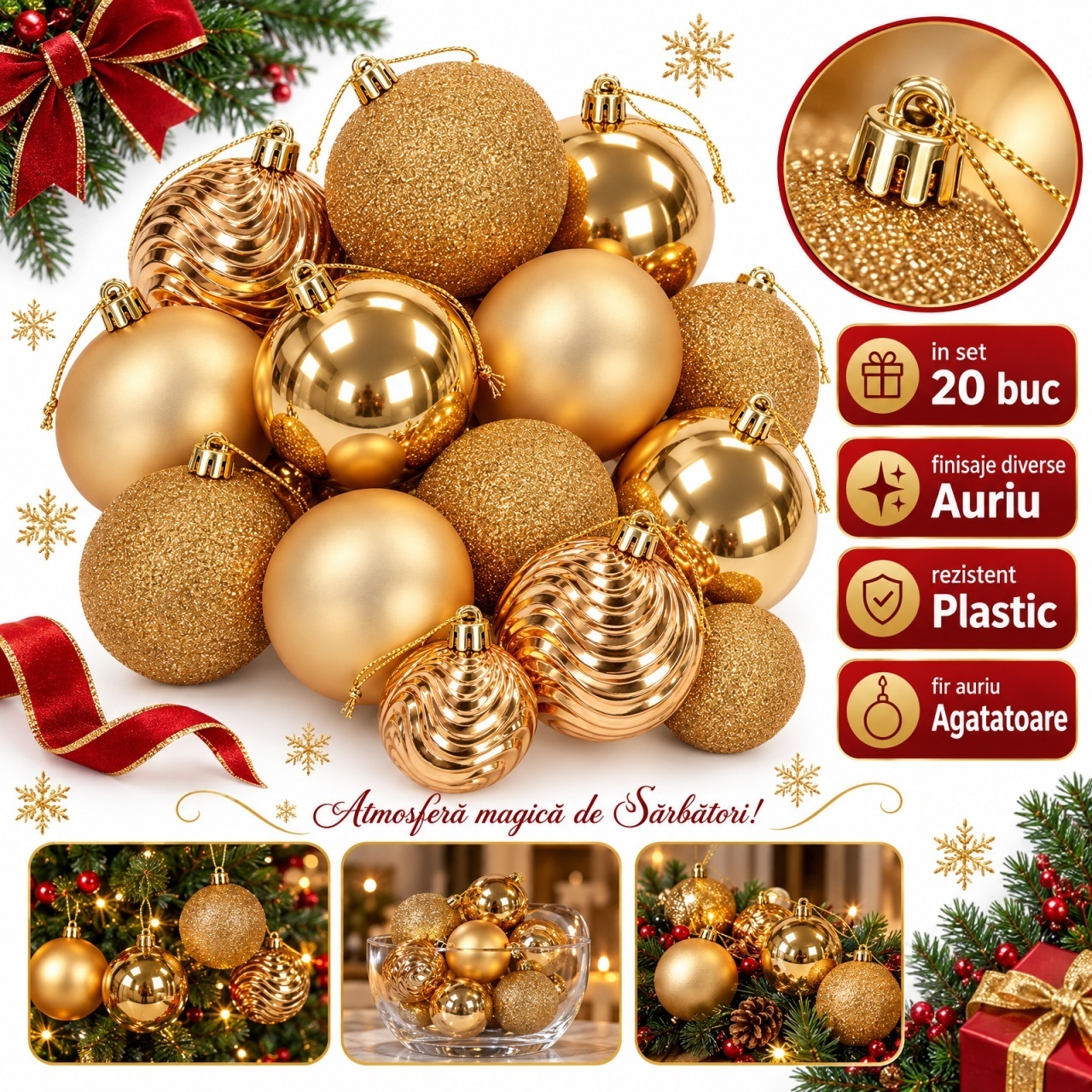 Set 20 globuri de Crăciun aurii, modele lucios, mat, sclipici și relief, plastic, tub 54×24 cm