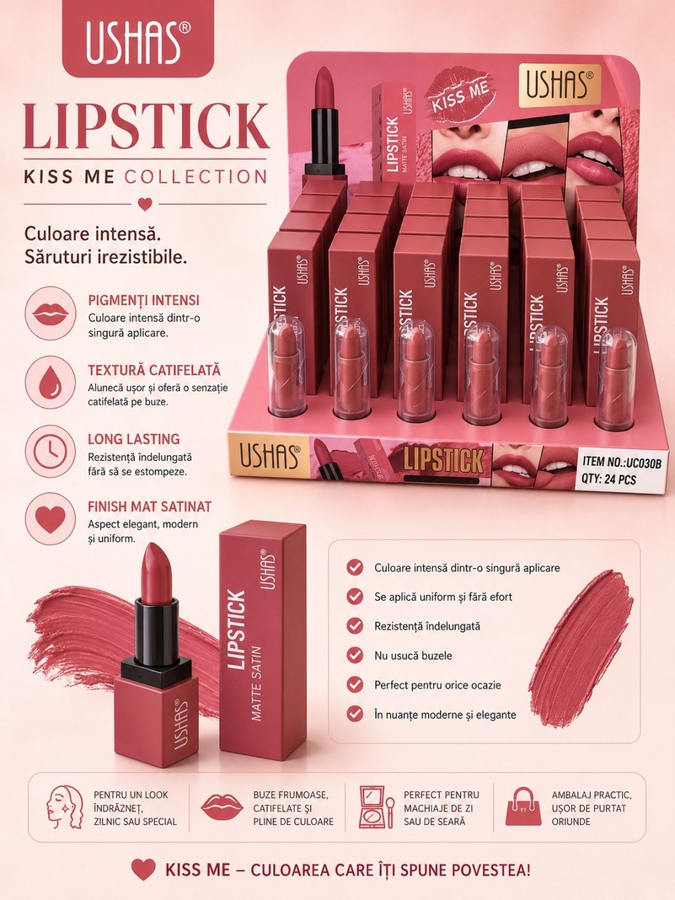 Set 24 Rujuri Mate USHAS Kiss Me – Culoare Intensă, Textură Catifelată și Rezistență Îndelungată 2