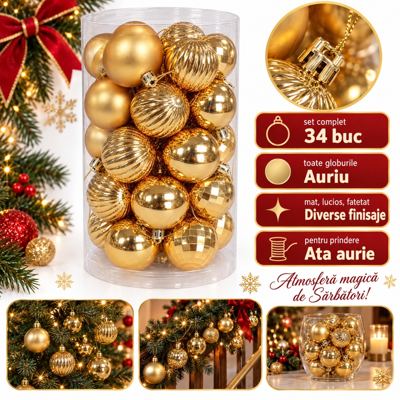 Set 34 globuri de Crăciun aurii, finisaje mate, lucioase și fatetate, plastic, 36x18 cm