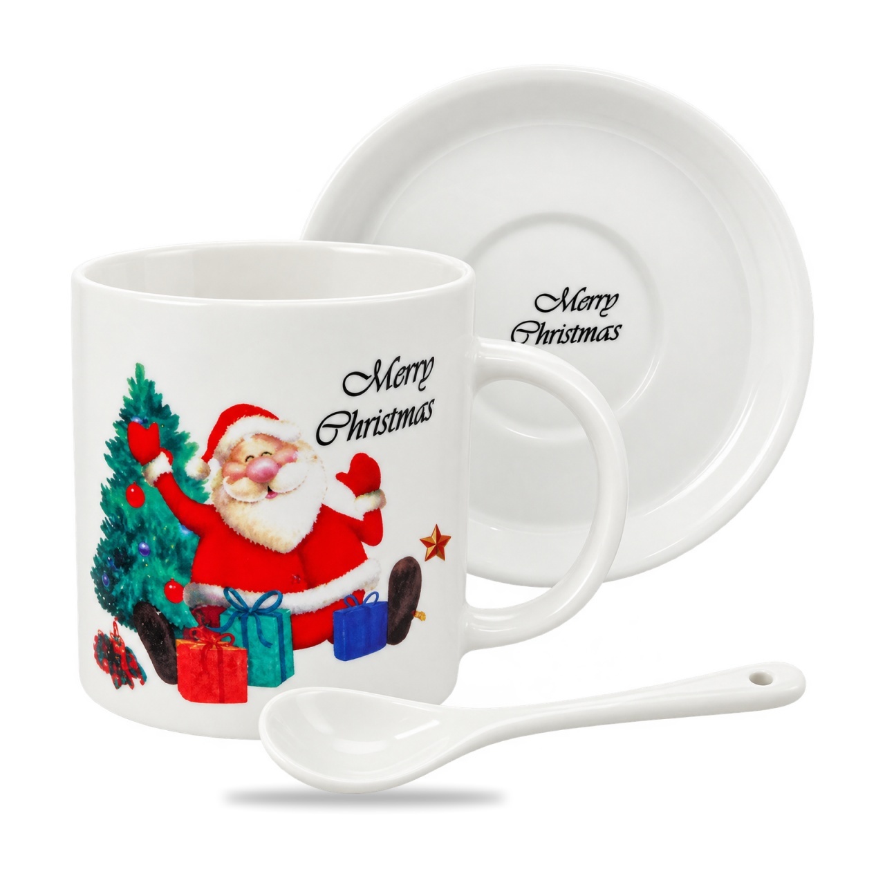 Set cană ceramică de Crăciun cu linguriță și farfurioară, Merry Christmas, 16x18cm