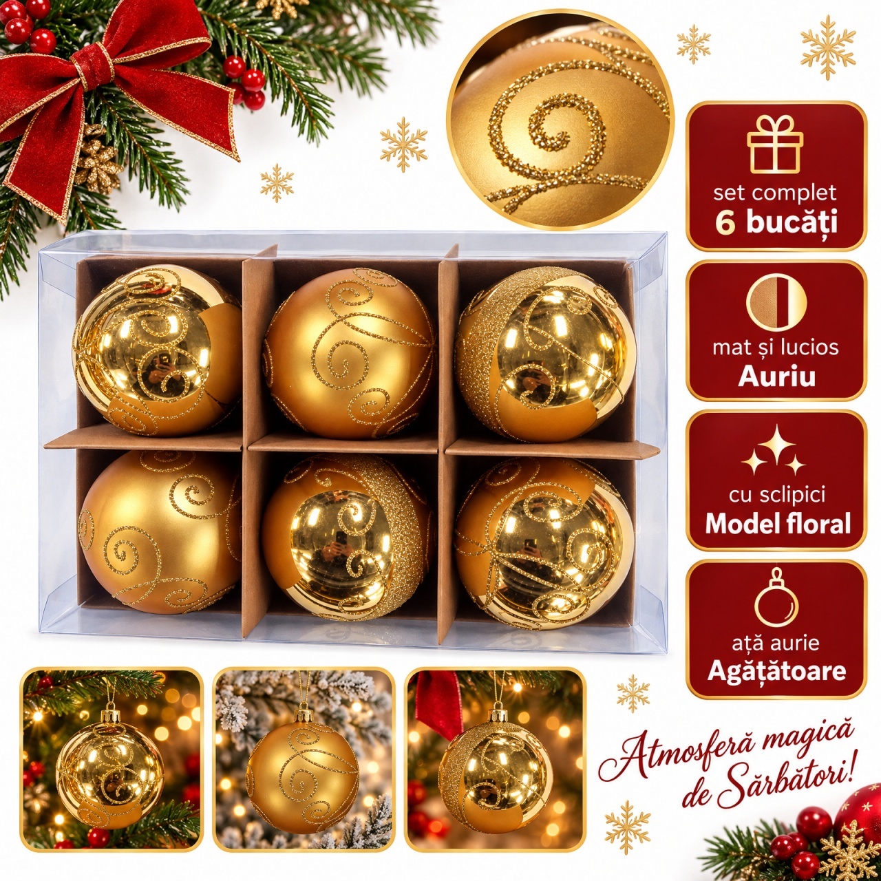Set de 6 globuri aurii din plastic, model cu sclipici, modele diverse in set, 8 cm
