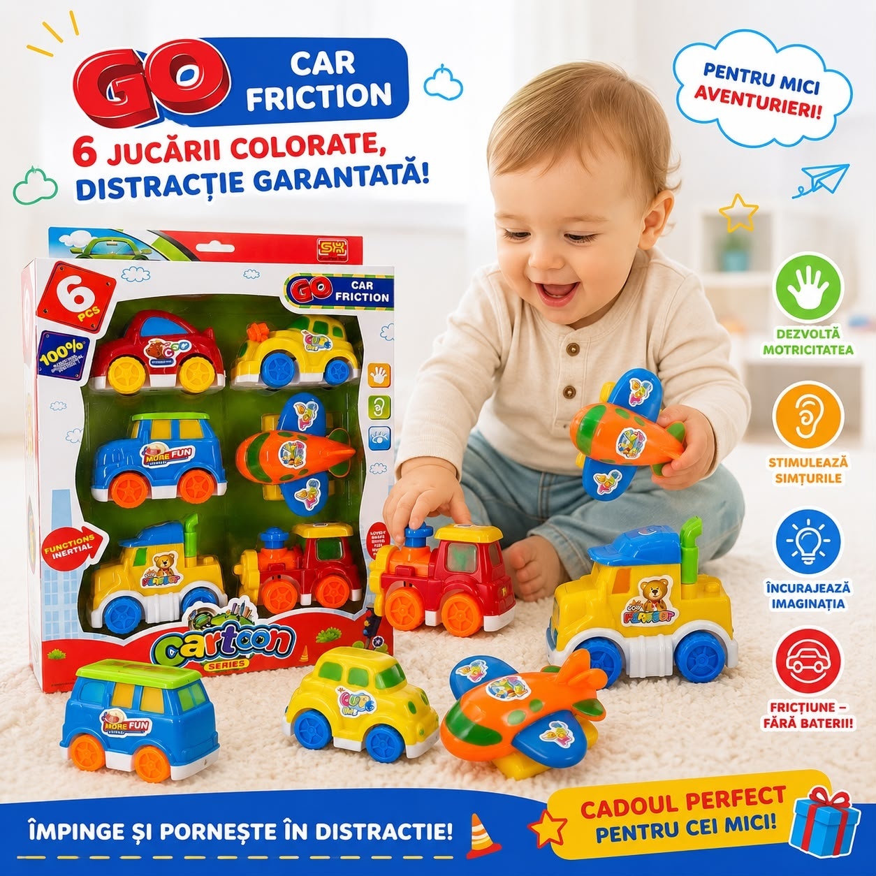 Set de 6 Jucării pentru Bebeluși cu Fricțiune – Mașinuțe și Avion, Fără Baterii, Jucării Educative pentru Copii 2