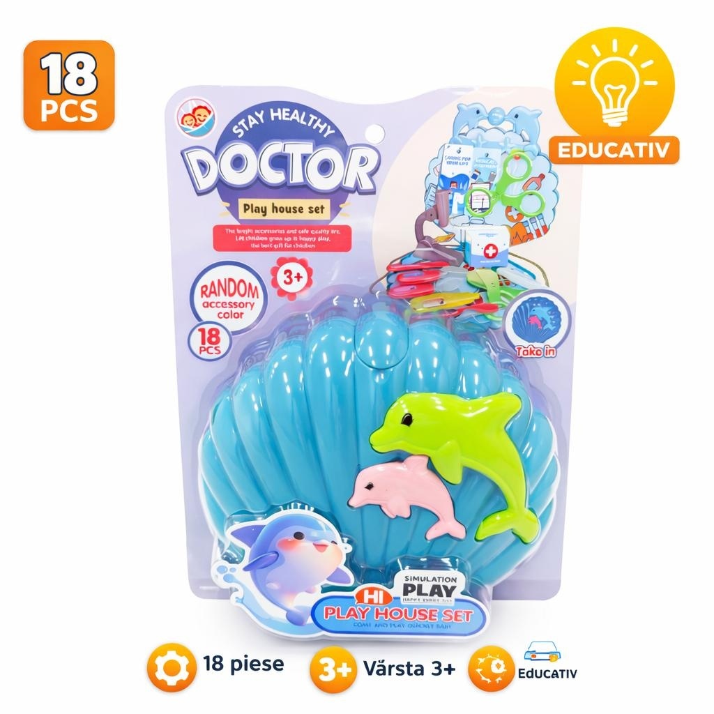 Set de joacă doctor albastru cu temă delfin din plastic, trusă doctor cu accesorii interactive