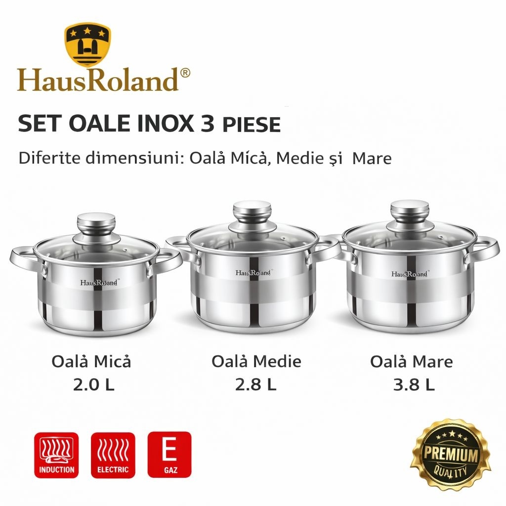 Set oale HausRoland din oțel inoxidabil cu capace din sticlă, 3 piese, compatibil inducție 3