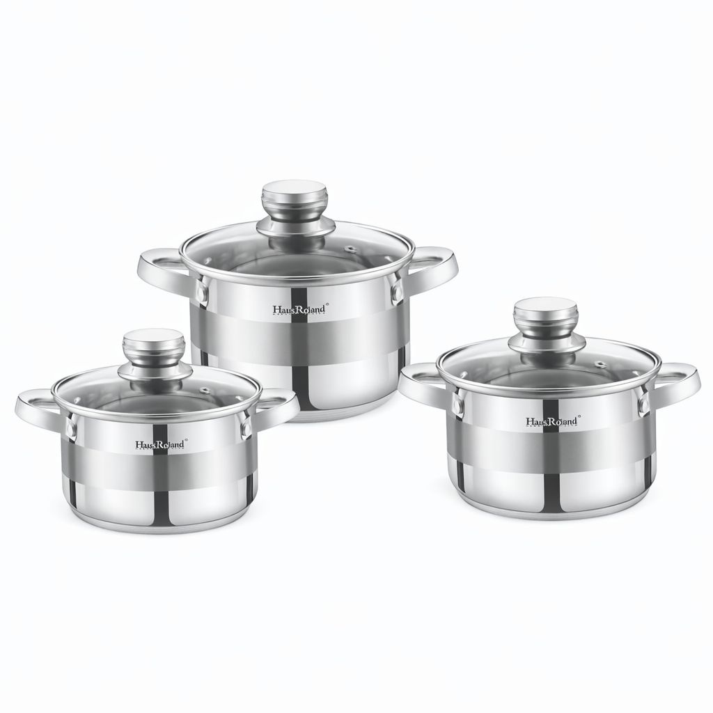 Set oale HausRoland din oțel inoxidabil cu capace din sticlă, 3 piese