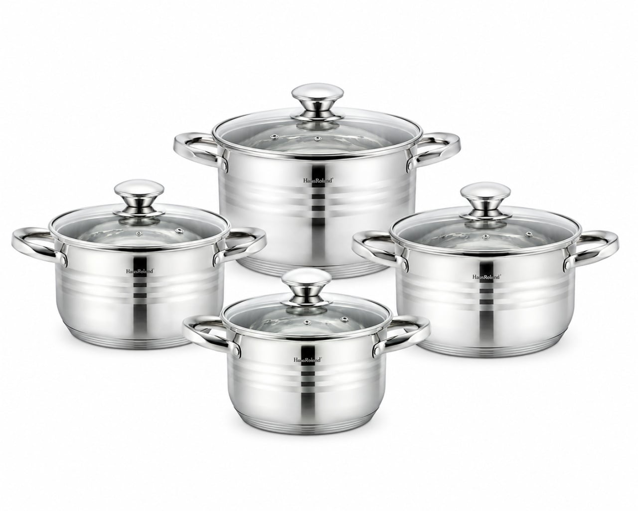 Set oale inox 8 piese HausRoland cu capac sticla, 1.9L–6.1L 4
