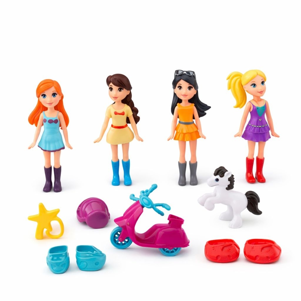 Set papusi mini cu accesorii, 4 figurine fetite cu scuter si calut, jucarie copii 44x36 cm 2