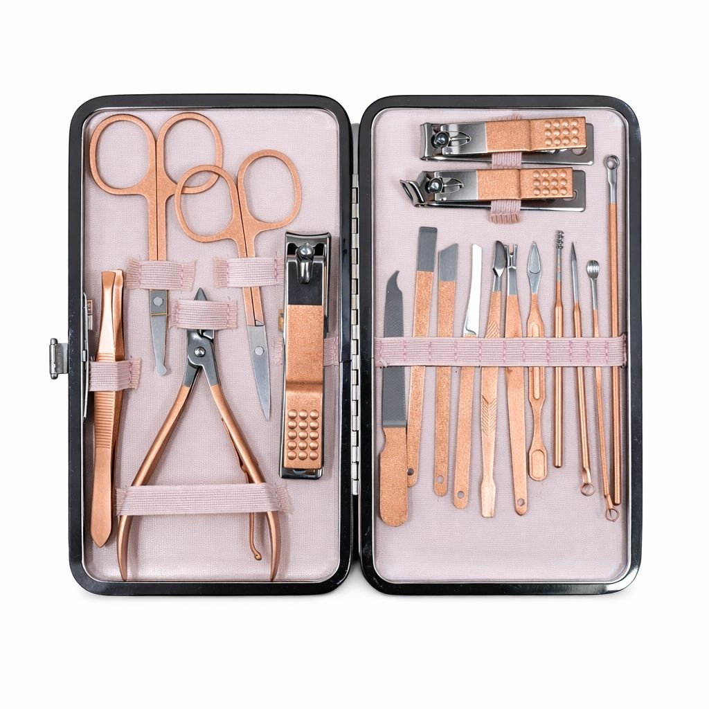 Set profesional 18 piese pentru îngrijirea unghiilor, metalic, carcasă roz