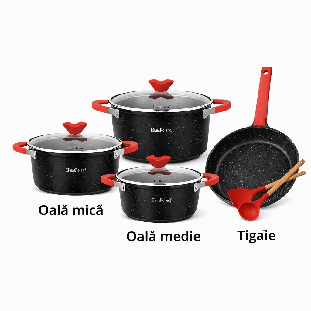 Set tigăi și oale cu înveliș granit antiaderent, capace sticlă, 7 piese, Negru 2
