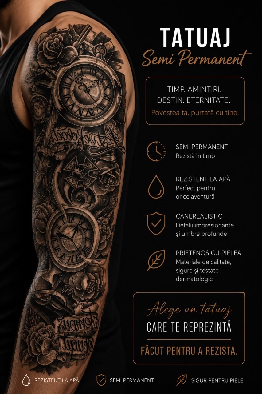 Tatuaj Semipermanent cu Ceasuri Vintage și Trandafiri – 45 cm 2