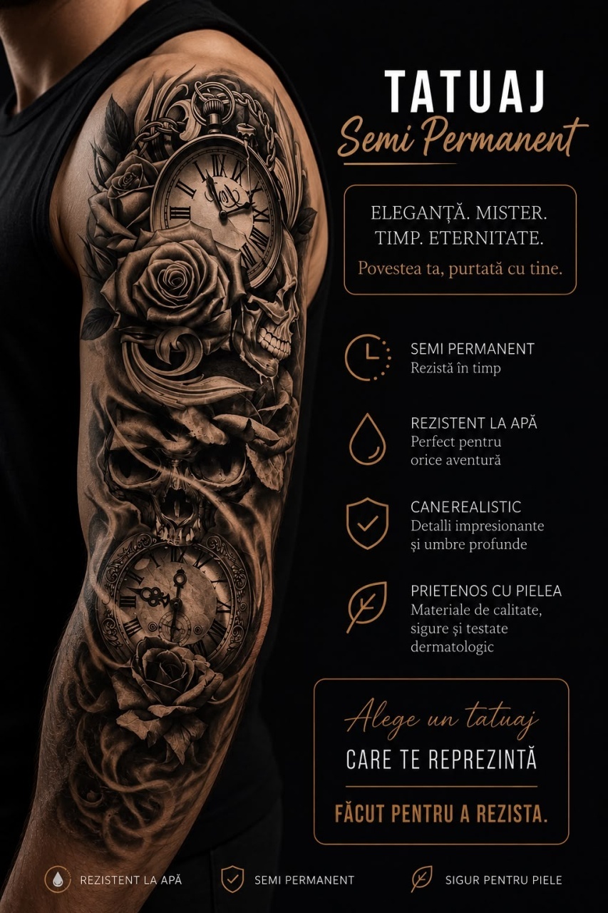 Tatuaj Semipermanent cu Cranii, Ceasuri Vintage și Trandafiri – 45 cm 2