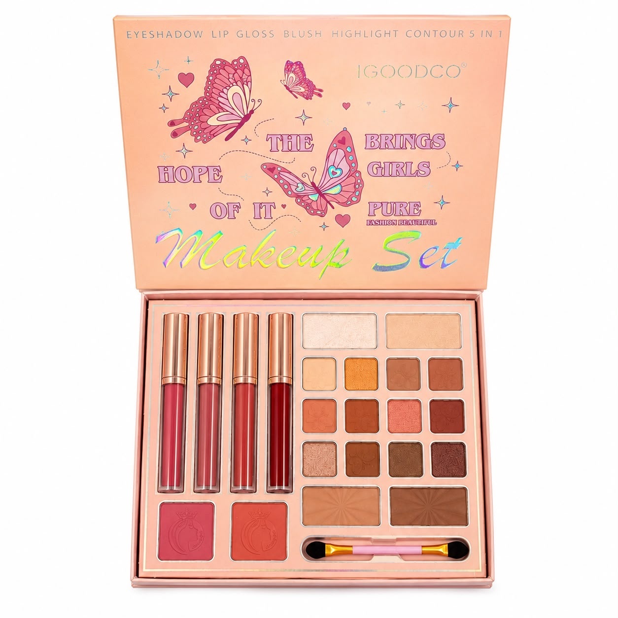 Trusă de Machiaj 5 în 1, 18 Farduri, 4 Glossuri, Blush, Highlighter și Contur, Set Cadou