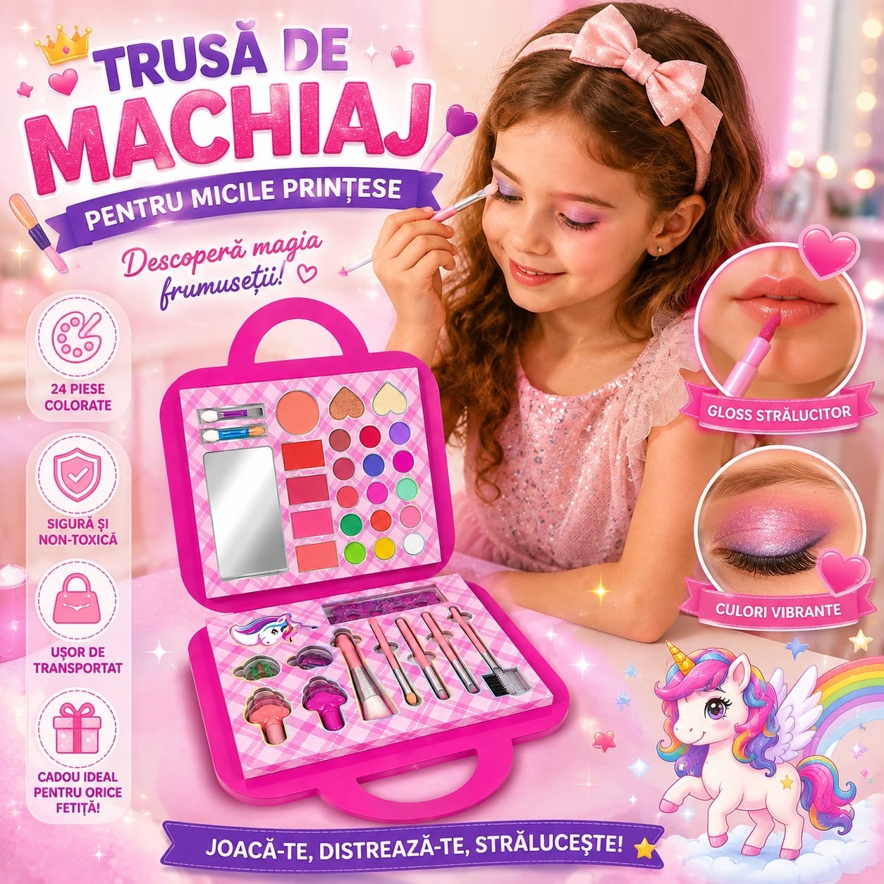 Trusă de Machiaj Unicorn pentru Copii, 24 Piese – Set Machiaj cu Oglindă, Pensule și Accesorii 4