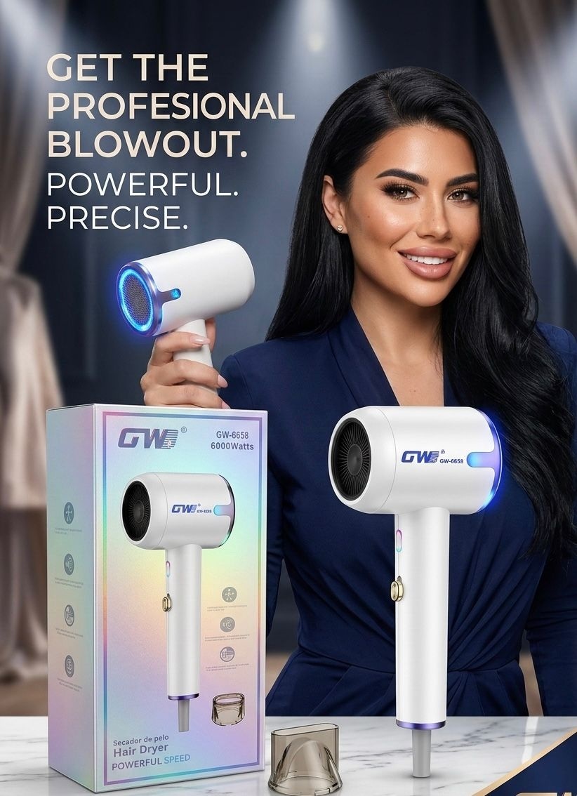 Uscător profesional de păr GW-6658, 6000W, cu tehnologie ionică și flux de aer puternic – Hair Dryer Powerful Speed, Argintiu