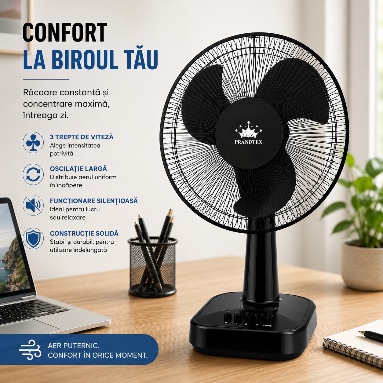 Ventilator de masa 16 inch 40cm, 3 viteze, oscilatie, silentios, 60W, Negru 2