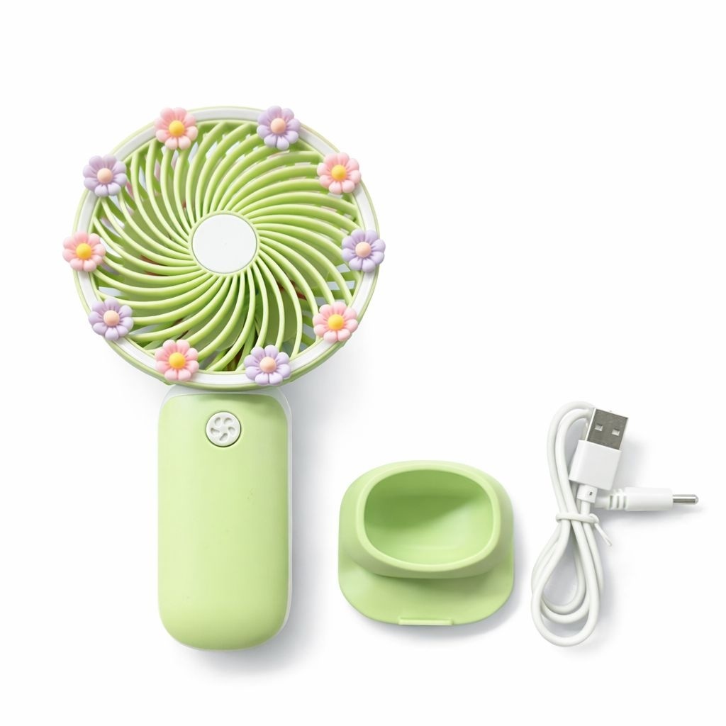 Ventilator portabil mini cu suport, USB, 3 viteze, compact si silentios, verde 3