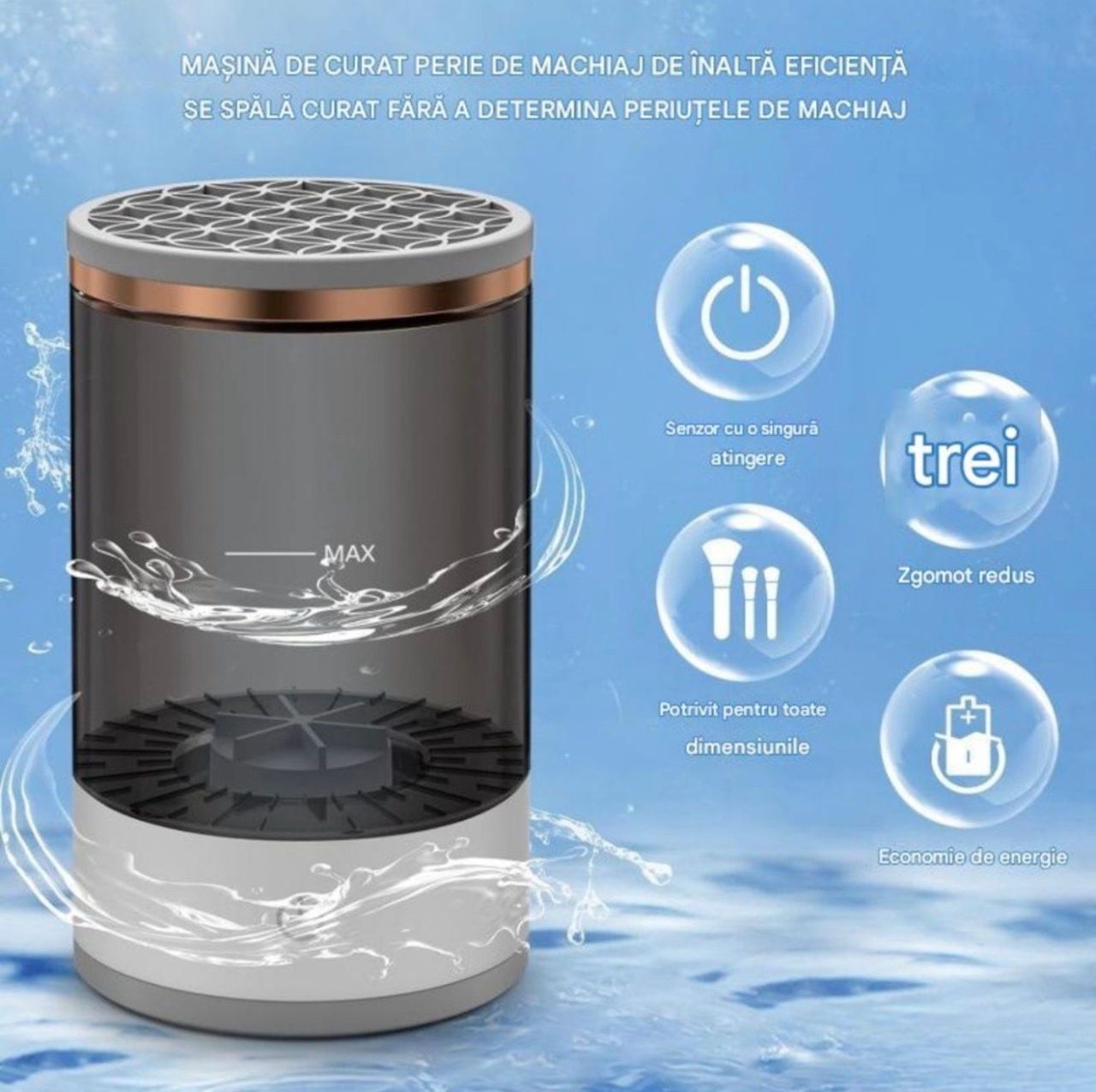 Aparat electric curatare pensule machiaj USB, dispozitiv automat cu recipient fumuriu 2