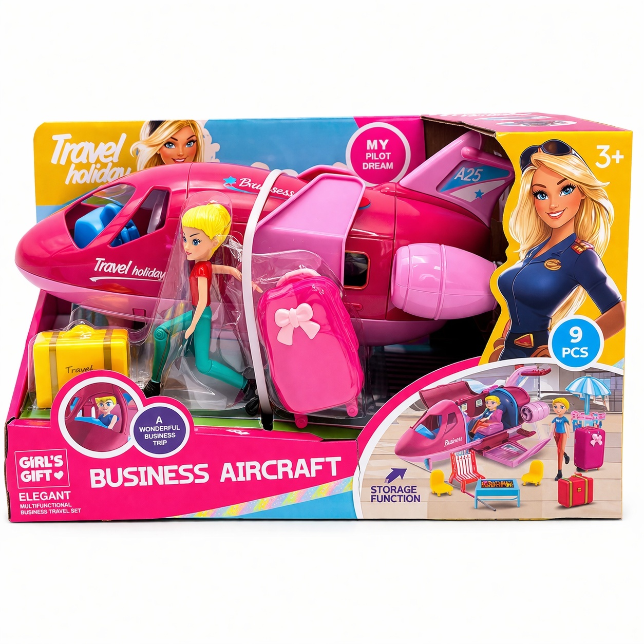 Avion jucarie roz cu papusa si accesorii travel, set interactiv 29x17 cm