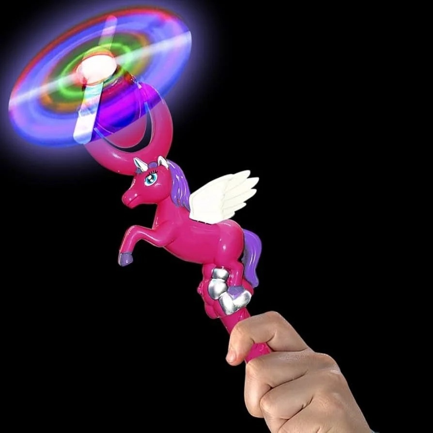 Bagheta cu elice rotativa, lumini LED si sunete, figurina unicorn roz 35 cm 3