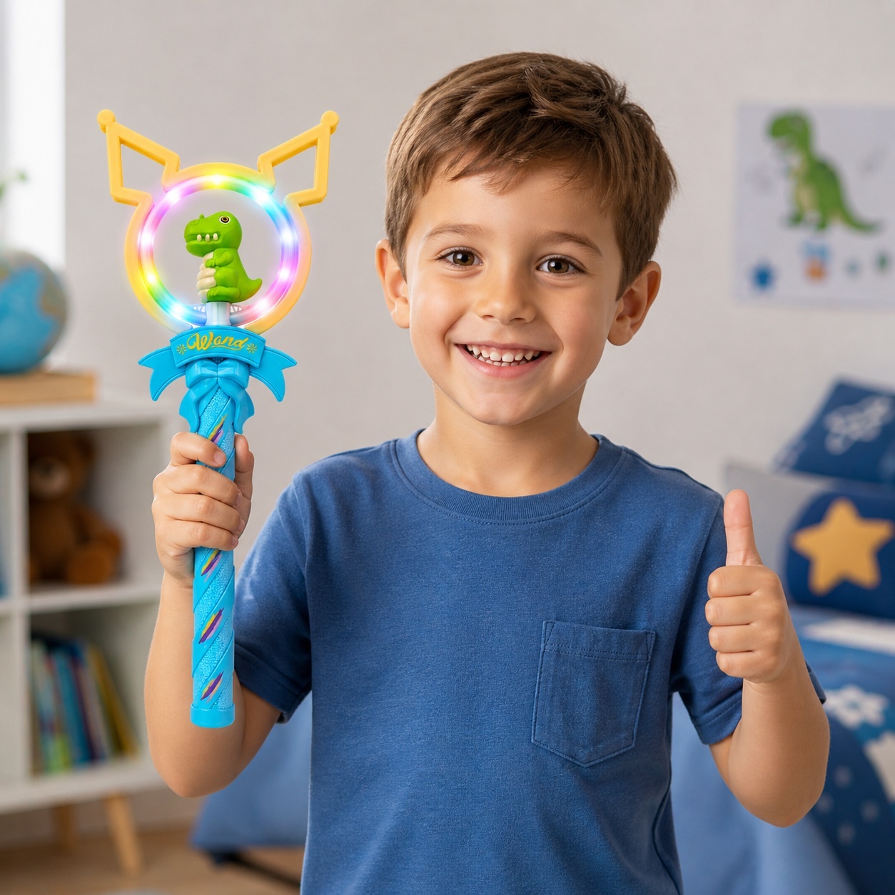 Baghetă magică albastra cu lumini, figurina Dinozaur , 42 cm – jucărie interactivă pentru copii 3