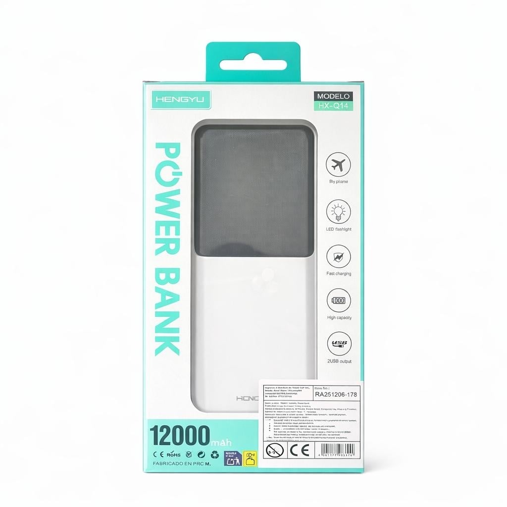 Baterie externă Hongyu 12000 mAh cu cabluri integrate și display LED, încărcare rapidă 2.1A, negru