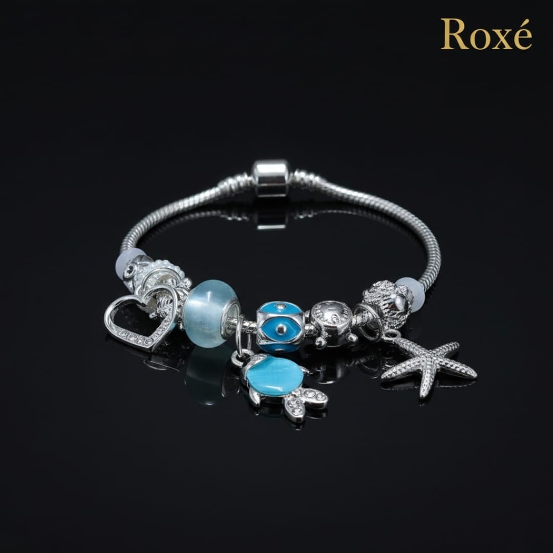 Bratara dama ROXE argintie cu charmuri pestisor si steluta, model elegant modern 5