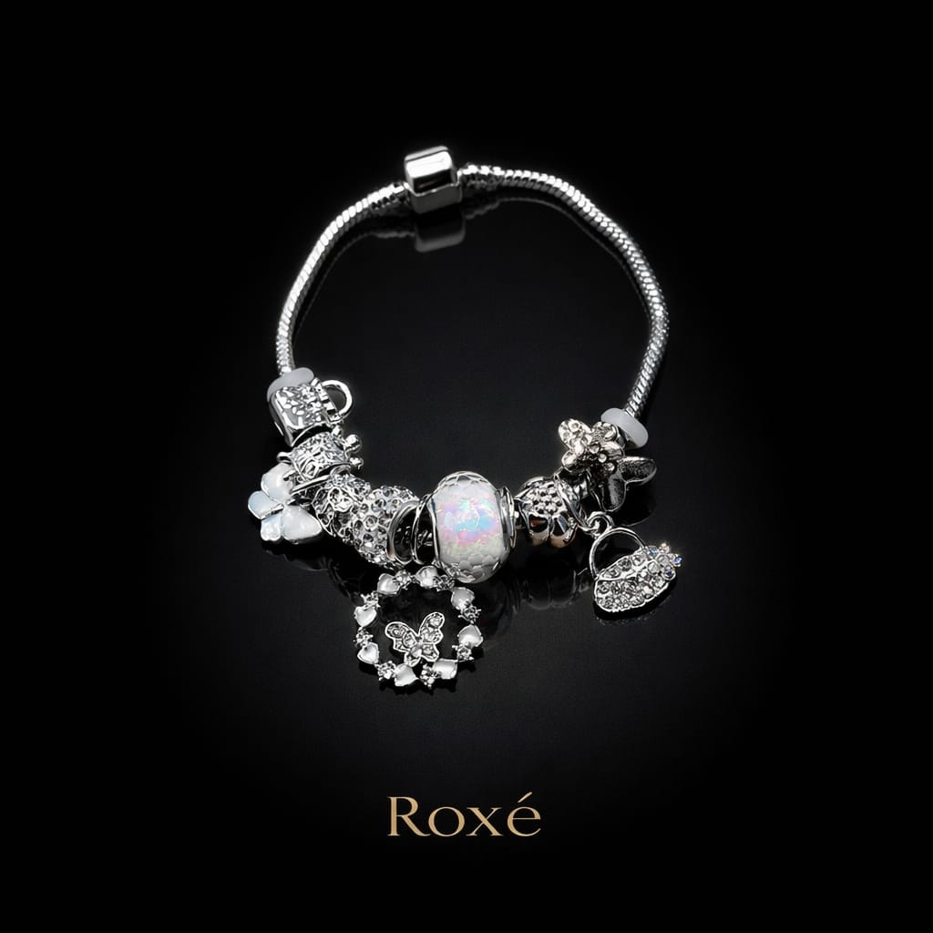 Bratara ROXE argintie cu fluture si posetuta charmuri elegante dama 2