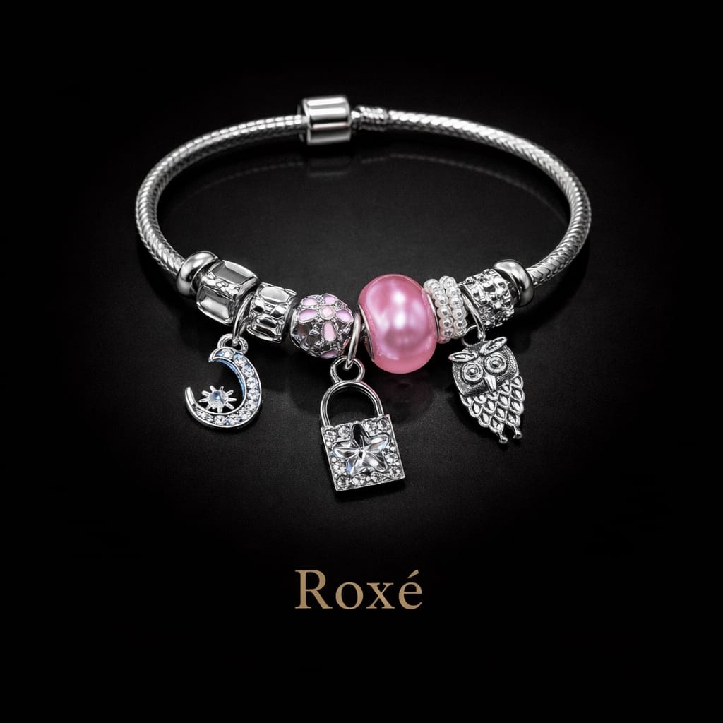 Bratara ROXE argintie cu luna bufnita si lacat charmuri elegante dama 4