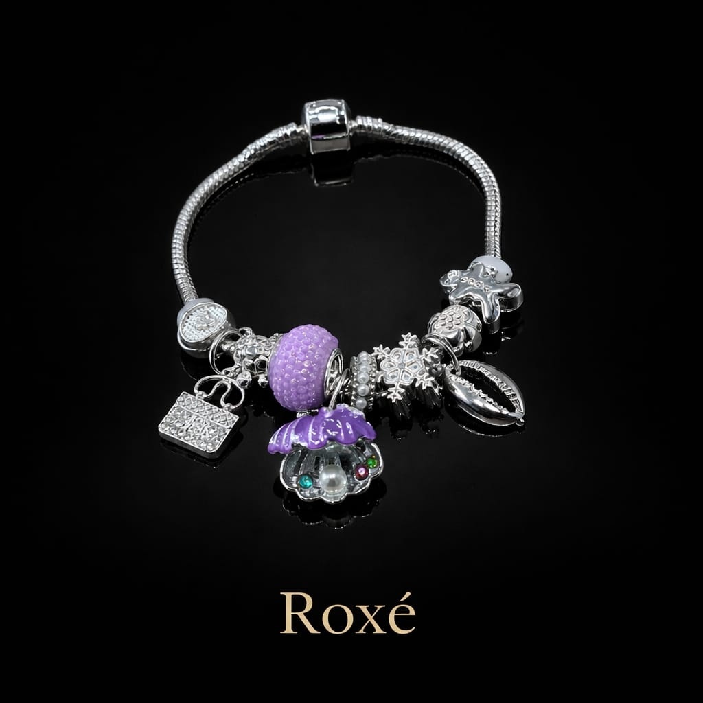 Bratara ROXE argintie cu melc scoica cu perla si fulg de nea charmuri elegante 4