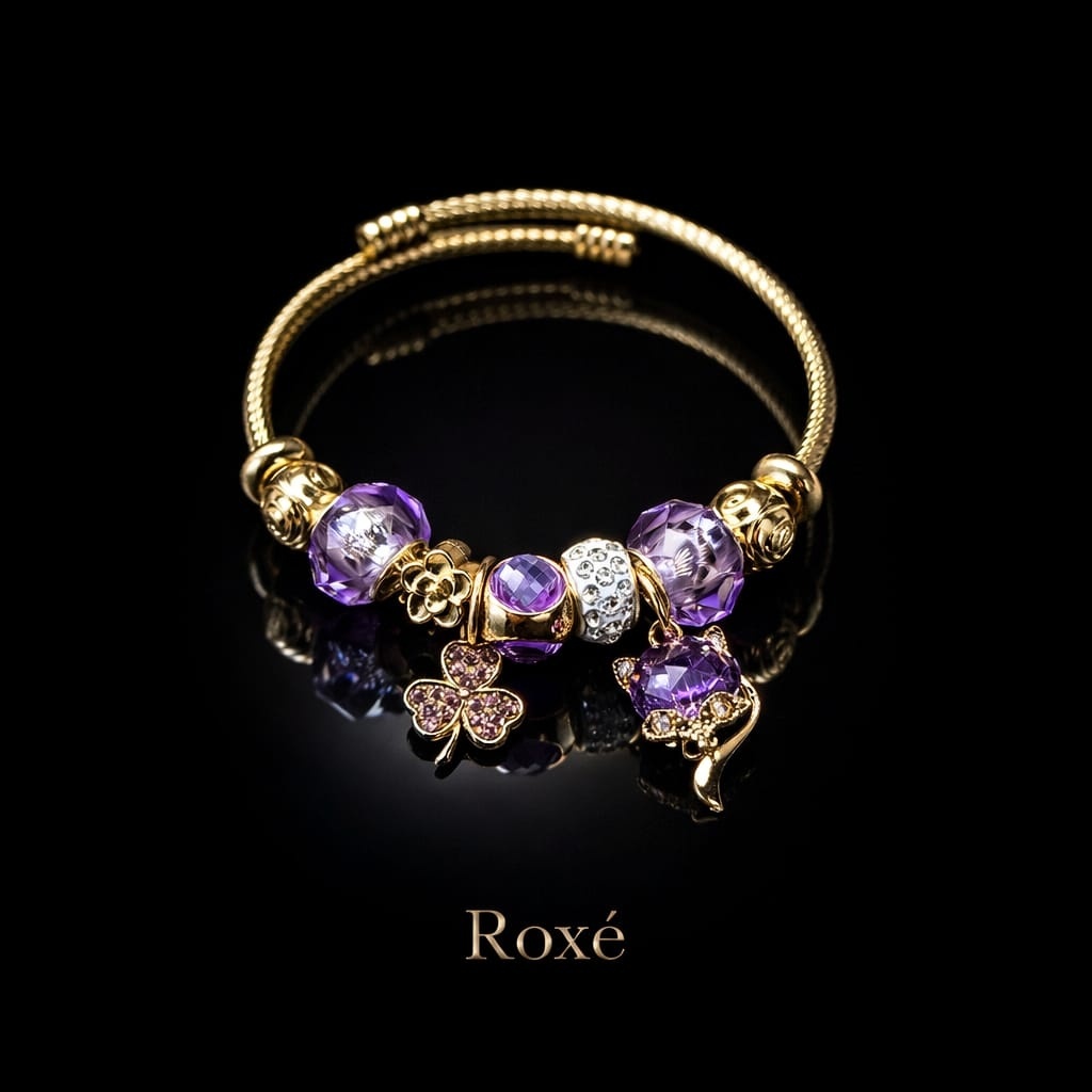 Bratara ROXE aurie cu pisicuta si trifoi charmuri elegante dama cadou stil modern 2