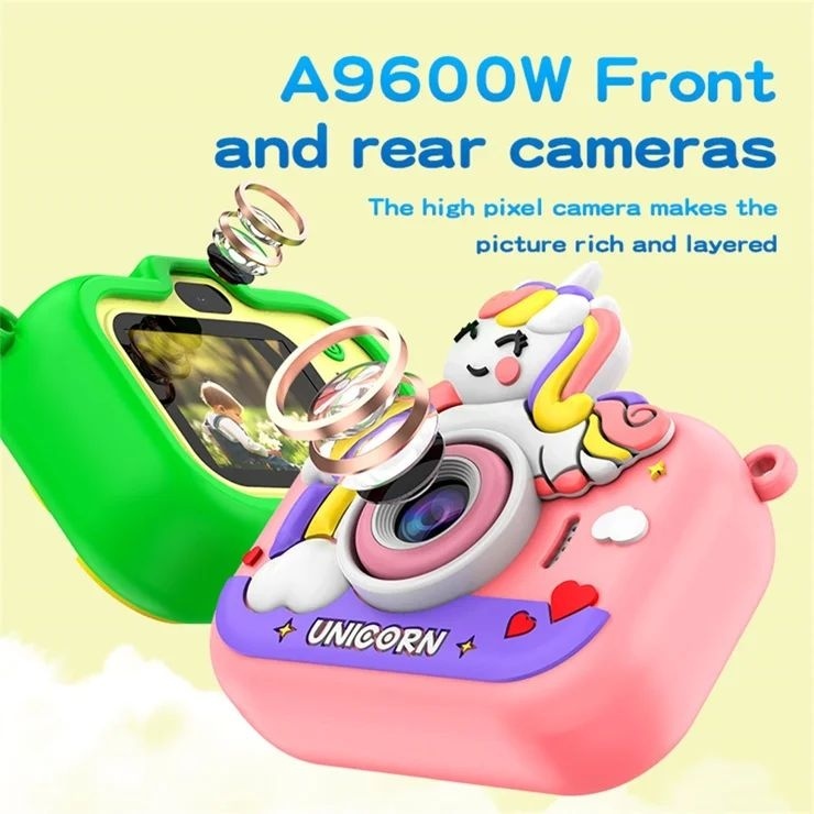 Camera foto copii unicorn roz cu trepied HD video 1080p dual camera 3