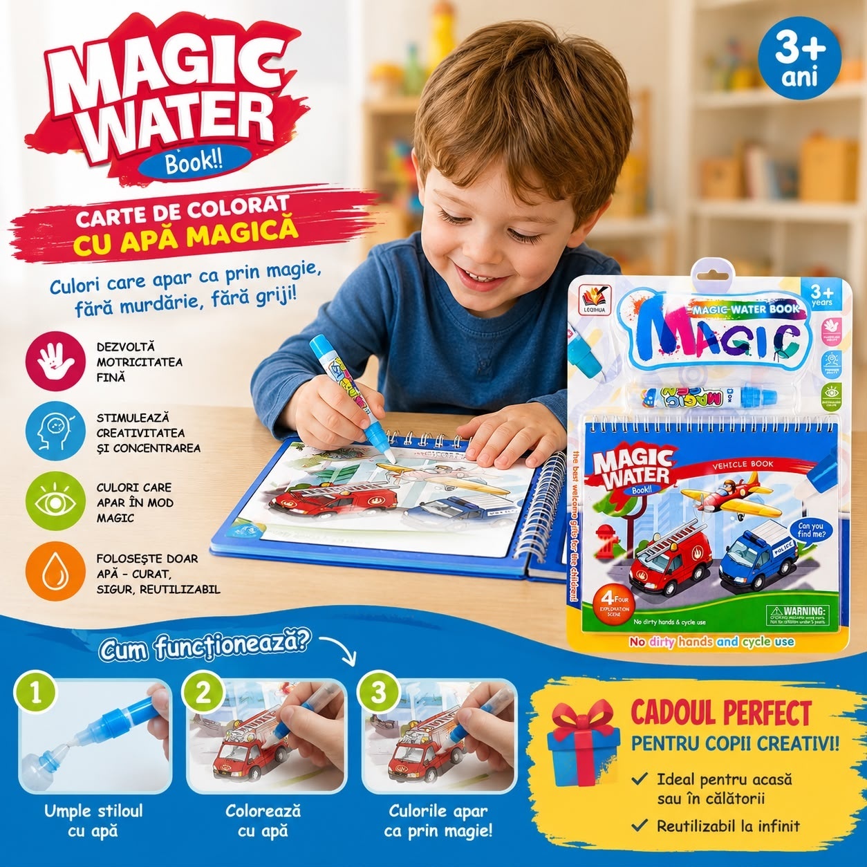 Carte de Colorat cu Apă Magică Reutilizabilă pentru Copii 3+ Ani – Vehicule, Magic Water Book 2