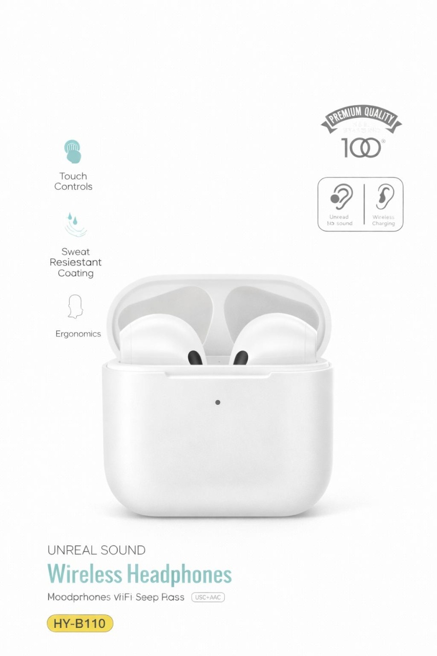Căști wireless Bluetooth Hongyu HY-B110 cu cutie de încărcare, Hi-Fi stereo, Albe 2