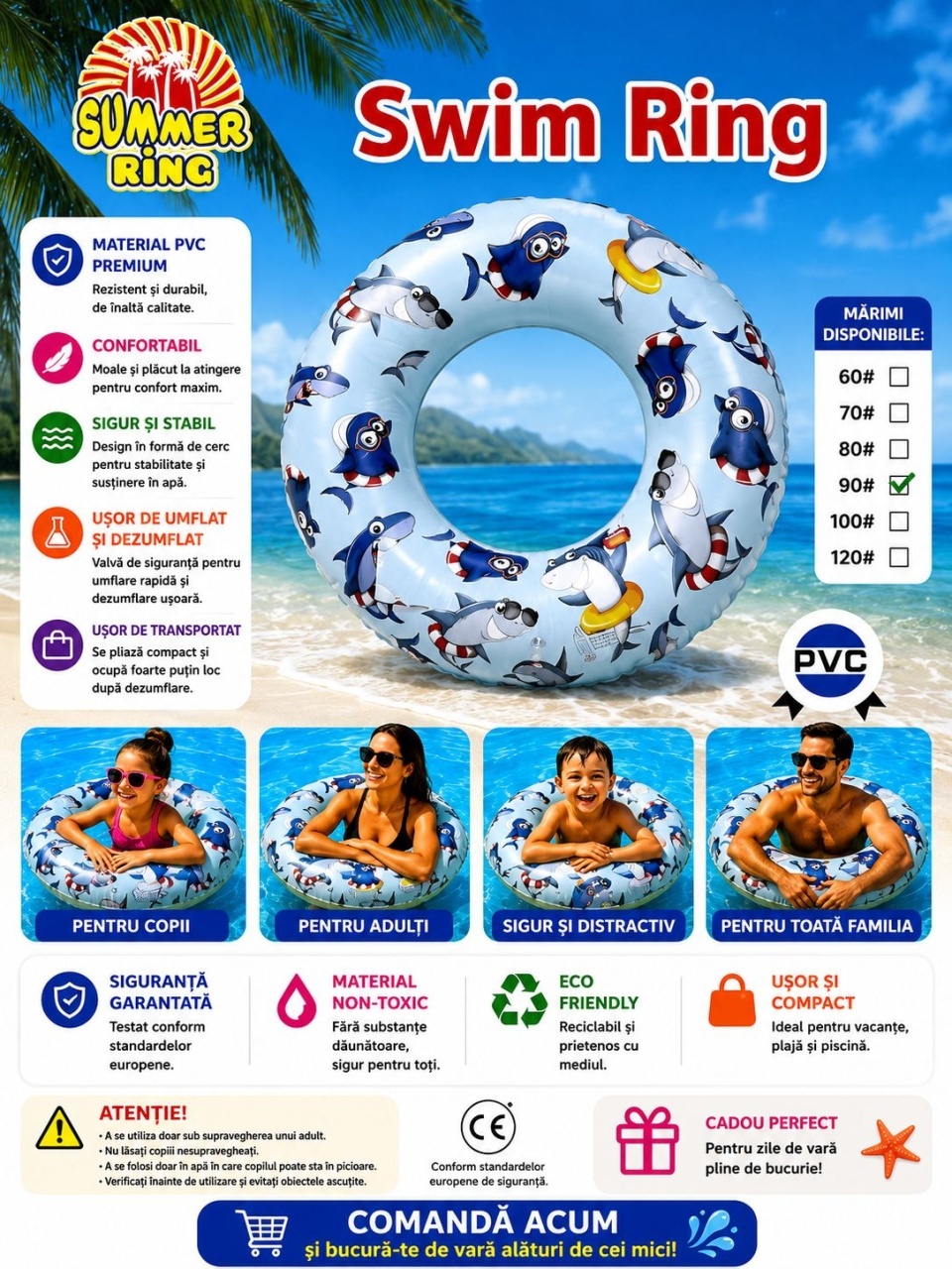 Colac Gonflabil 90 cm cu Rechini – Inel Gonflabil pentru Copii, Piscină și Plajă 2
