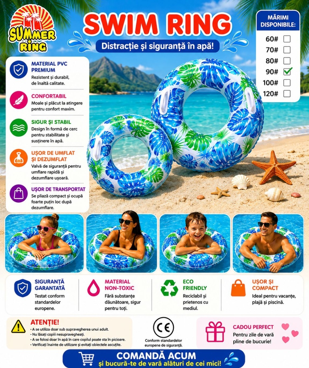 Colac Gonflabil Albastru Tropical 90 cm – Colac de Înot pentru Piscină și Plajă 2