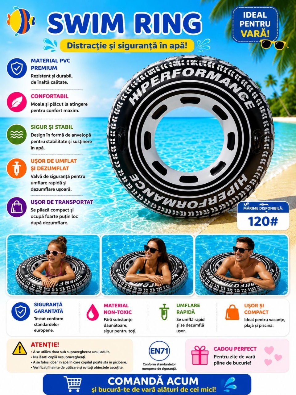 Colac Gonflabil model Anvelopa 120 cm – Colac de Înot Negru pentru Piscină și Plajă 2