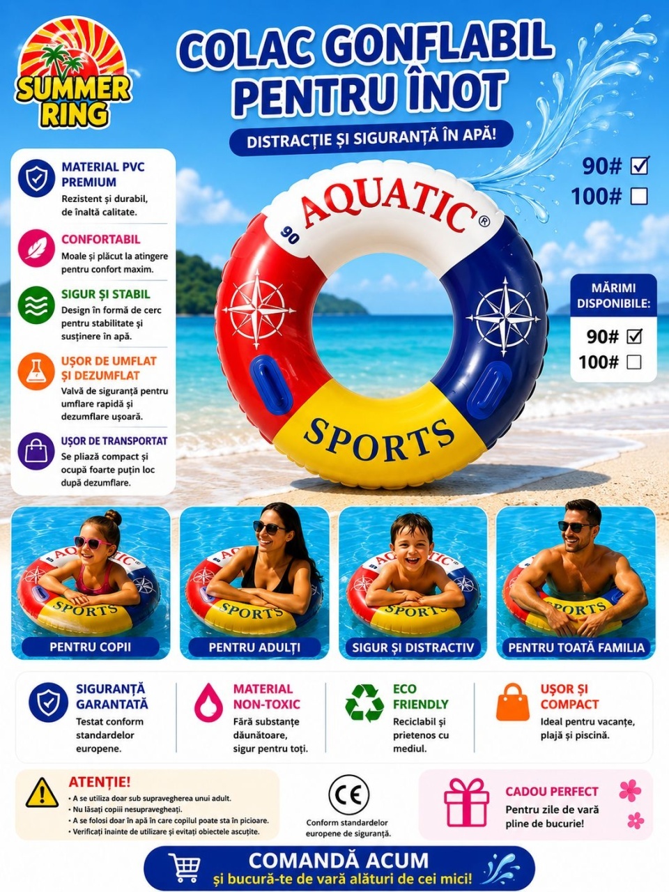 Colac Gonflabil pentru Înot 90 cm – Colac Gonflabil Multicolor pentru Piscină și Plajă 2