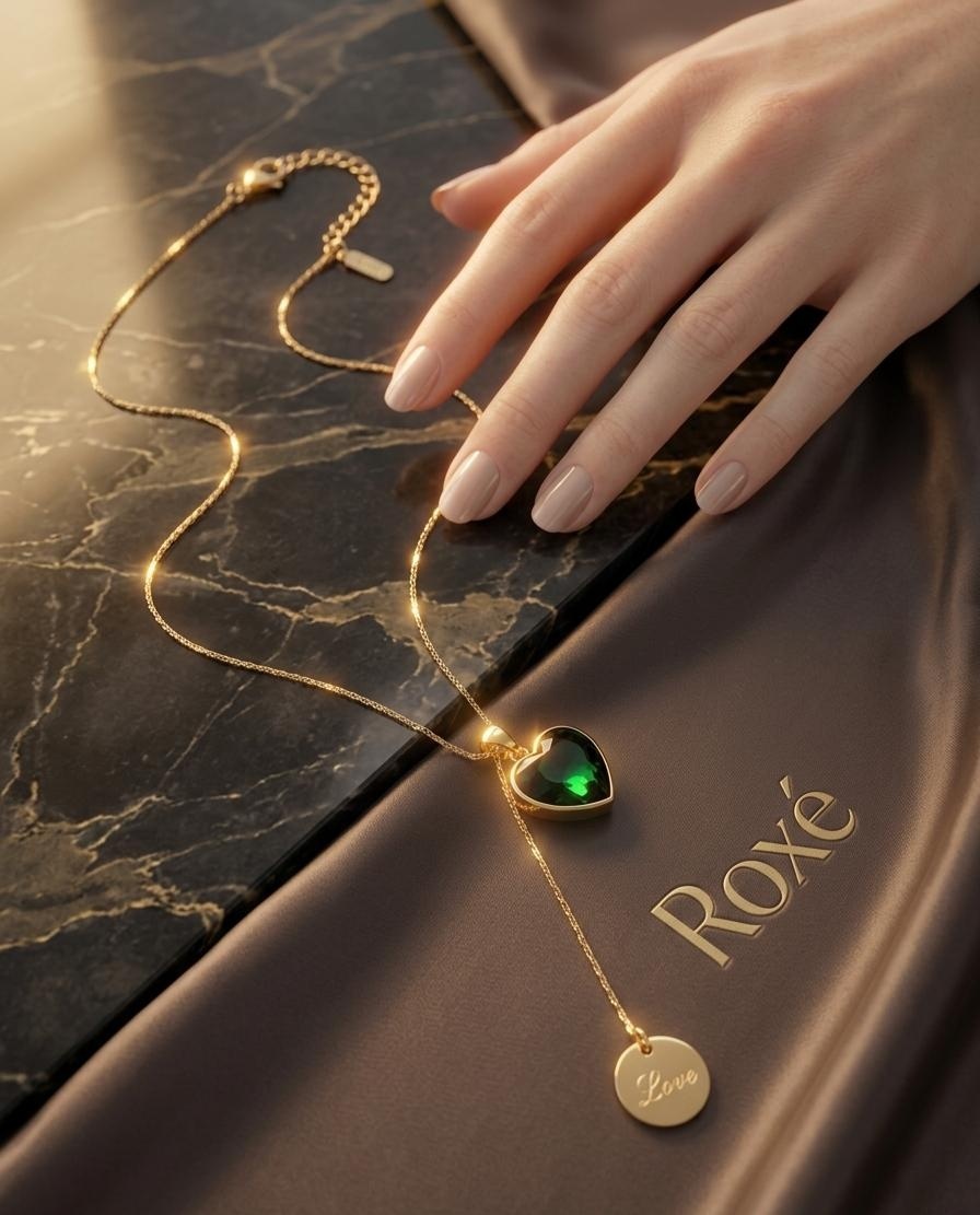 Colier ROXE Golden Love Drop cu inimă verde smarald și pandantiv gravat, design elegant, 45 cm 2